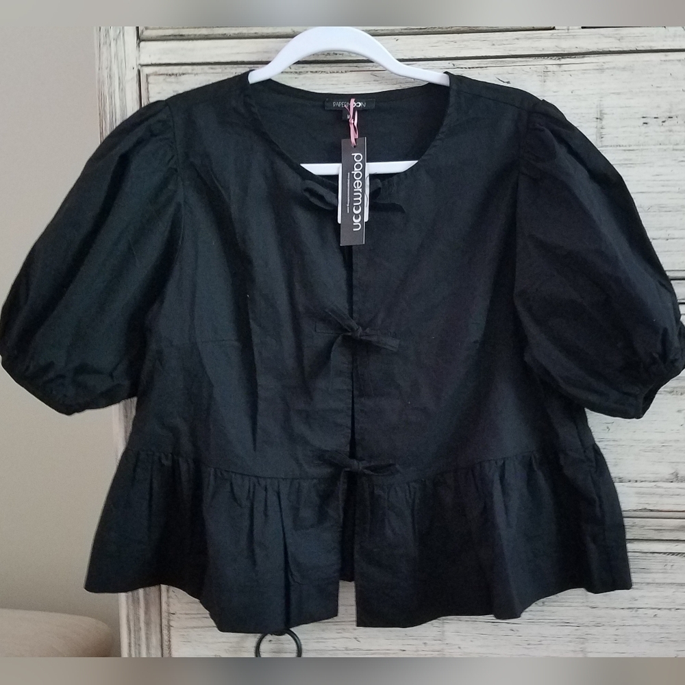 NWT Papermoon Black Puff Sleeve Peplum Blouse With Bow Detail